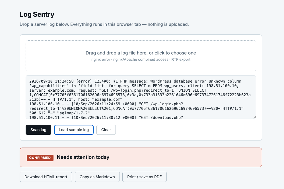 Server Log Scanner screen